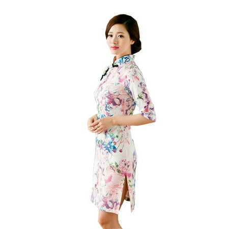 Cheongsam Dress Pattern Women Special 1/2 Long Sleeve Modern Mandarin Chinese Cheongsam Qipao Sheath Short Dress ( Pink flower prints ) ()