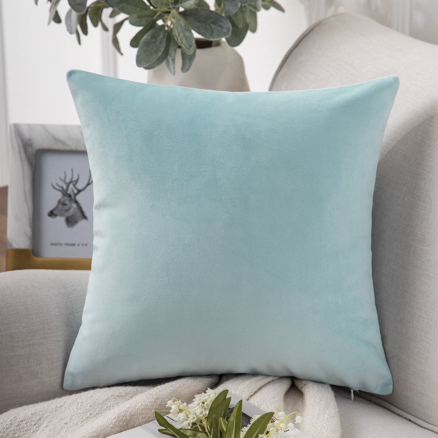 Phantoscope Soft Silky Velvet Series Decorative Throw Pillow, 22" x 22", Light Blue, 1 Pack