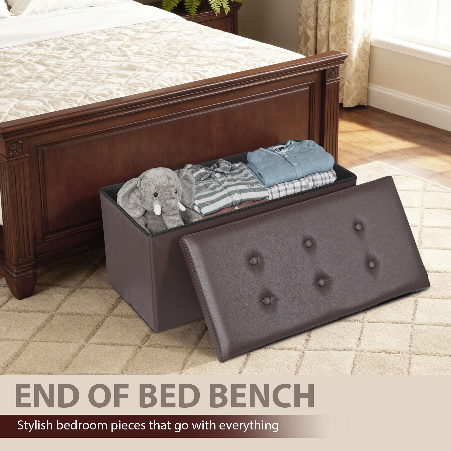 ZENY 30" Folding Storage Ottoman Bench Entryway MDF PVC Faux Leather Finish, Brown