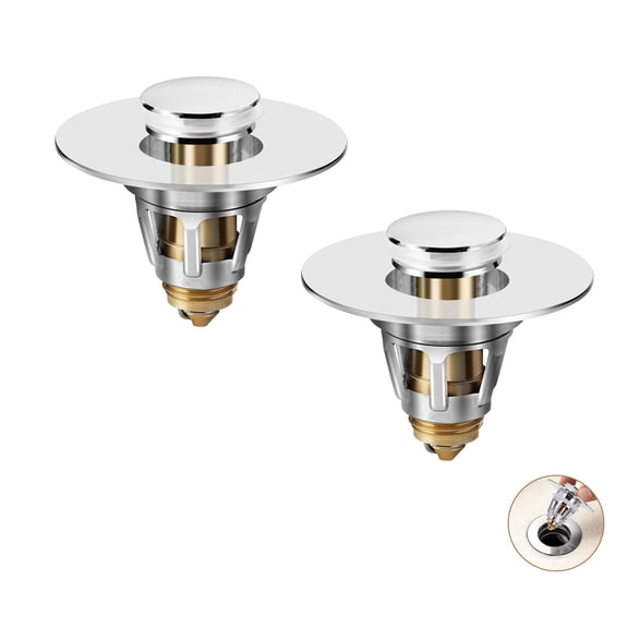 2 Pcs Universal Pop Up Bathroom Sink Drain Stopper, Brass Chrome Plated Drain Strainer with Hair Catcher, Anti-Leak & Anti-Clog Basin Drain Filter