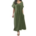 thumbnail image 3 of ZyeKqe Cotton Linen Maxi Dress for Women Short Sleeve V Neck Long Dress Casual Loose Flowy Dress with Pockets, 3 of 7