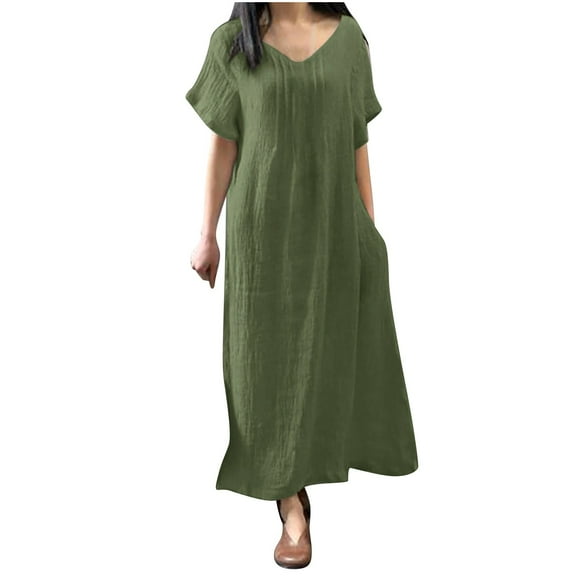Maxi Dress for Women Summer Cotton Linen Dress Casual Loose Elegant Long Dress Short Sleeve Beach Dresses with Pockets