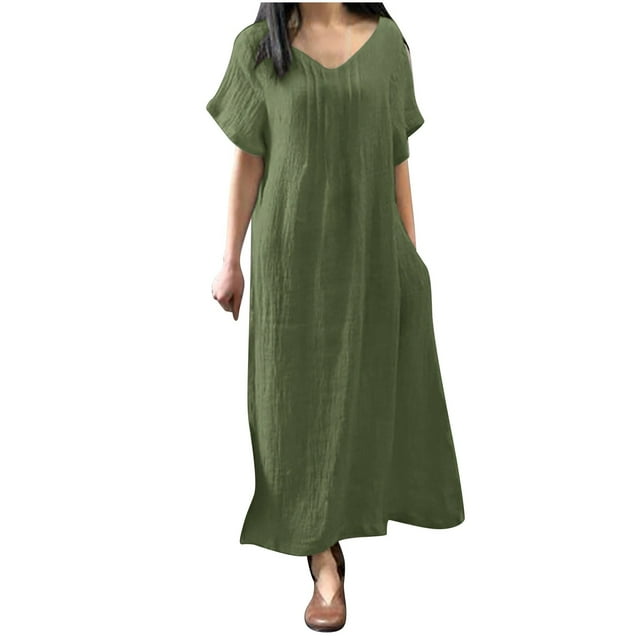 QIPOPIQ Robes pour Femmes Longue Robe Fluide à Volants Manches Courtes Tendance Robe Unie Col en V Robe d'Été Offres 2023