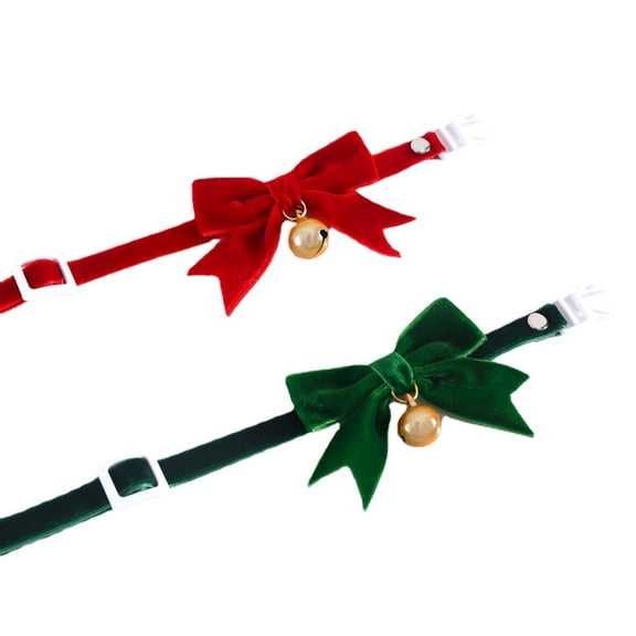 2PCS Small Cats Costume Christmas Pet Collar Breakaway Collar with Bells Dog Holiday Neckwear Festival Velvet Bowtie