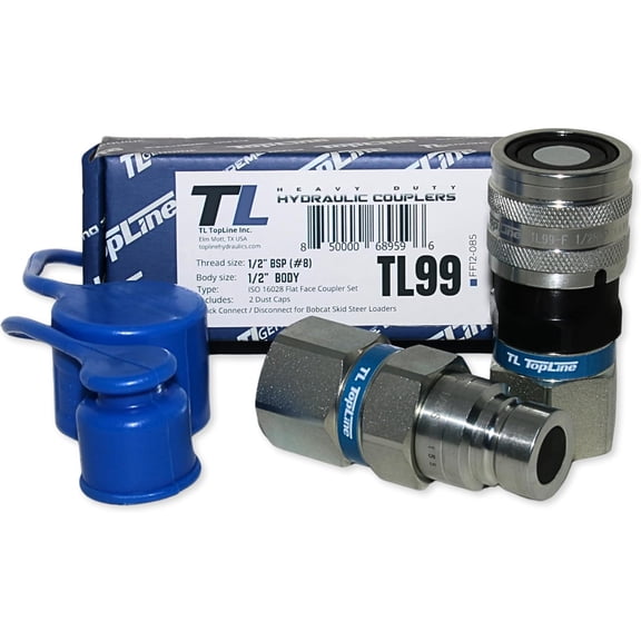 1/2" Body with 1/2" BSP (British Standard Pipe) Thread | Flat Face Hydraulic Quick Connect Coupler | Skid Steer Bobcat Attachment | ISO 16028 Heavy-Duty Coupling Sets with Dust Caps | Model TL99