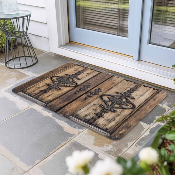Wooden Plank Door Mat Indoor Outdoor, Rustic Farmhouse Brown Black Barn Door Non Slip Welcome Mat with Rubber Backing, Absorbent Fabric Front Door Mats Entryway Rug for Home Patio Entrance 18"x30"