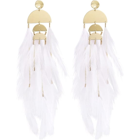 Women Feather Earrings Long Tassel Bohemian Jewelry Wedding Accessories Pure white