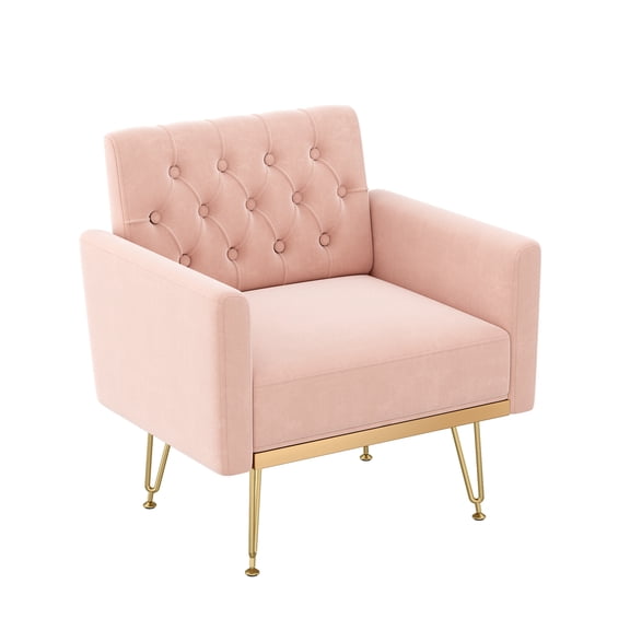 Modern Velvet Armchair Single Sofa Tufted Upholstered Side Reading Chairs with Arm and Metal Leg for Living Room Bedroom,Pink