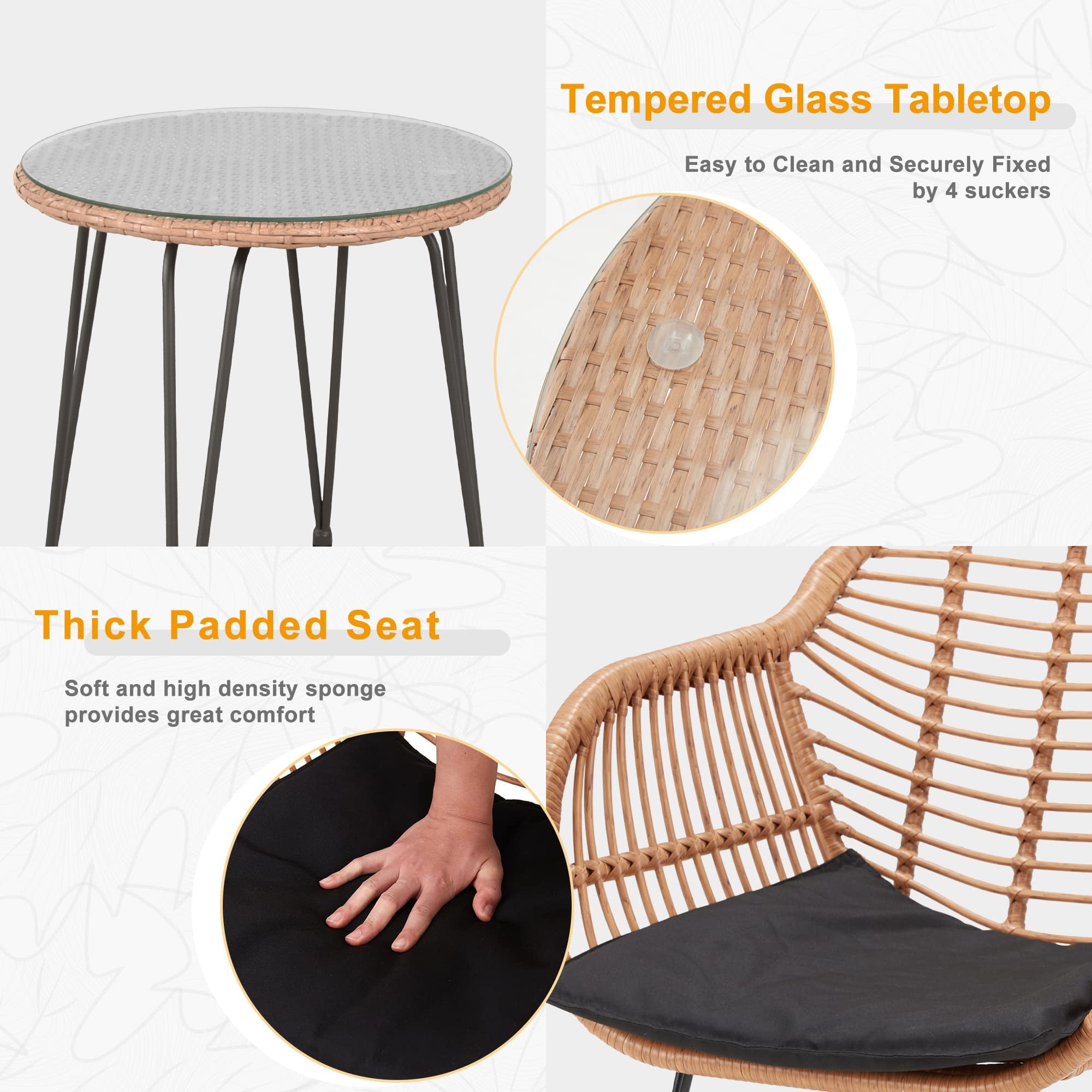 Tappio 3 Piece Outdoor Wicker Furniture Patio Bistro Set, PE Rattan Patio Chairs Set w/Table & Cushions, Modern Outdoor Patio Furniture for Porch Poolside Garden, Black