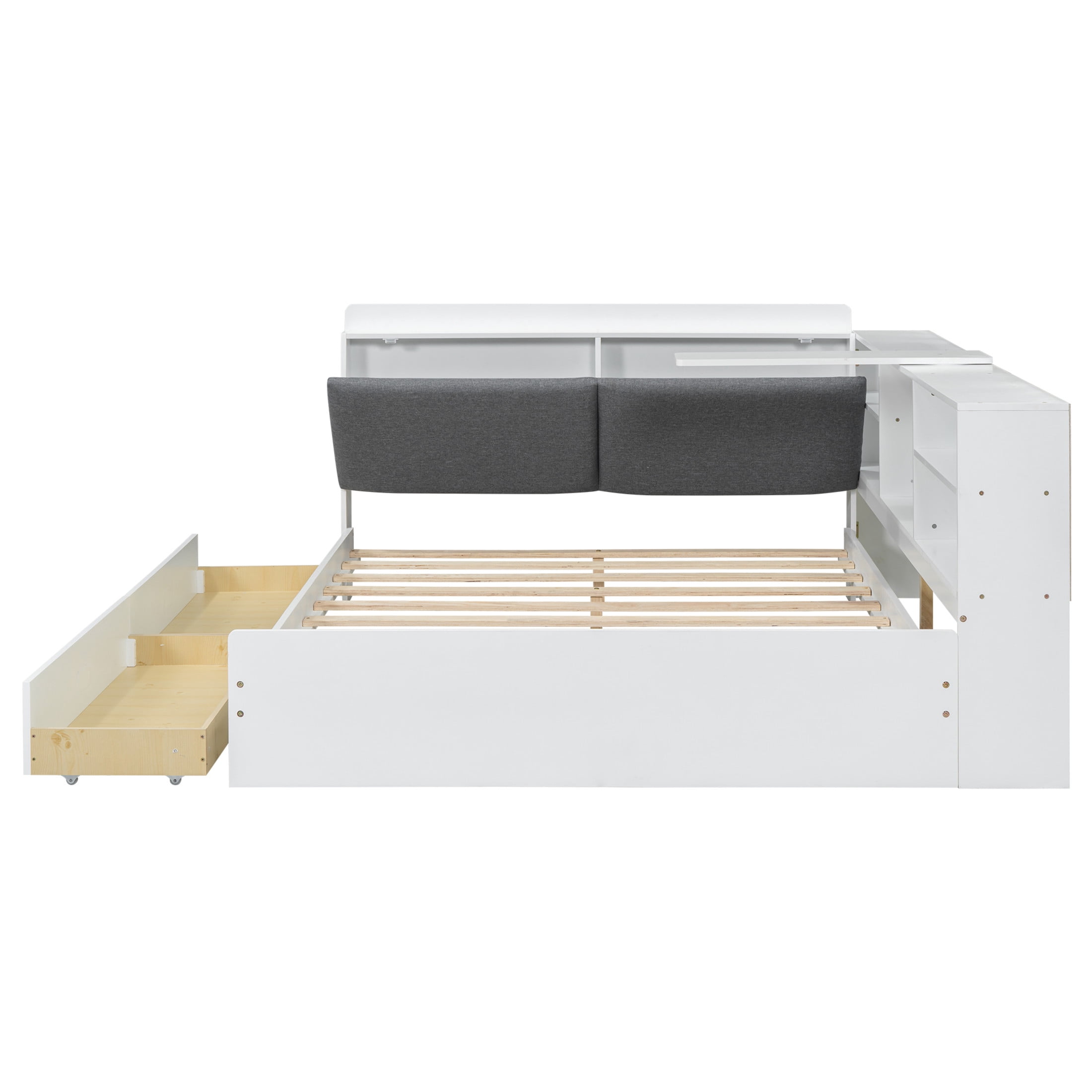Noble House Wrene Full Size Wood Platform Bed, Storage Headboard Shelves with 2 Drawers and Rotatable Board, White