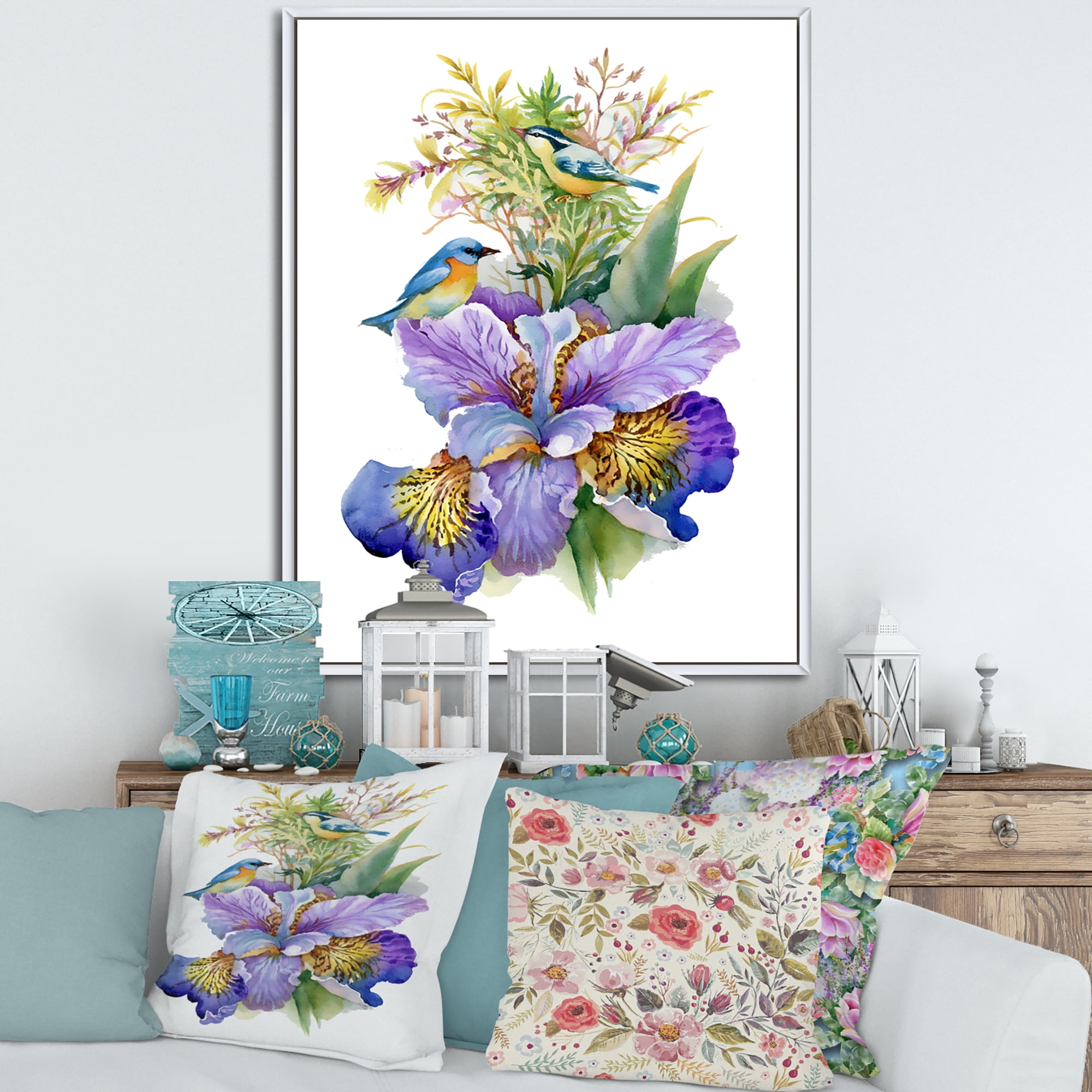 Birds With Purple Iris 16 in x 32 in Framed Painting Canvas Art Print, by Designart