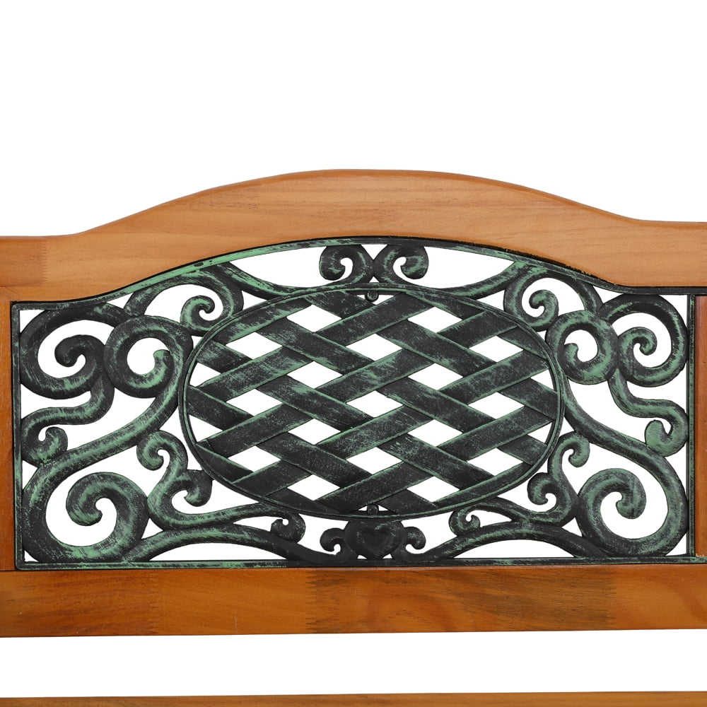 49" Garden Bench, Outdoor Patio Park Chair, Hardwood Slats Cast Iron Frame Seat, A
