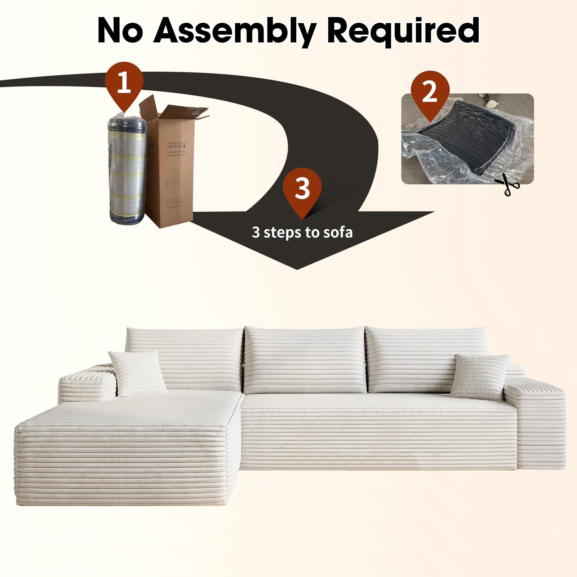 MAYEERTY 107" Cloud L-Shaped Modular Sectional Sofa with Left Facing Chaise, Plush Corduroy Deep Seat 3-Seater Couch, Cloud Sofa for Living Room, Apartment & Bedroom, No Assembly Required, White