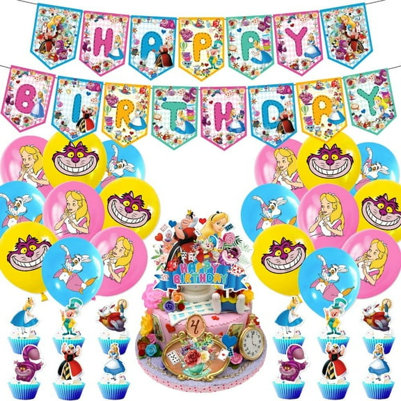 Alice in Wonderland Theme Birthday Party Decor Supplies Kits, Including Banner, Balloons, Cake Toppers, Cupcake Toppers.