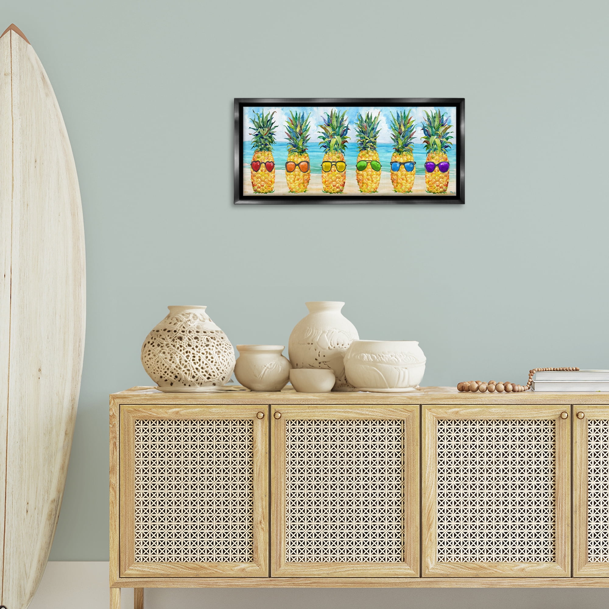 Stupell Industries Rainbow Beach Pineapples Food & Beverage Painting Black Floater Framed Canvas Art Print Wall Art, 31 x 14