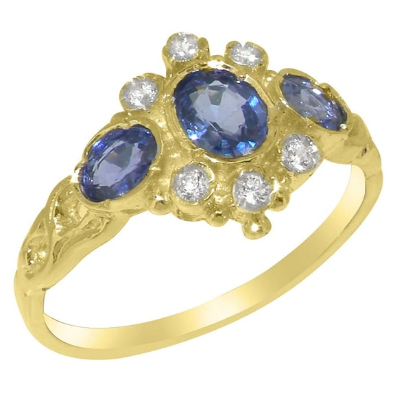 LBG British Made 14k Yellow Gold Natural Sapphire & Diamond Womens Promise Ring - 33 size options - Size 9.5