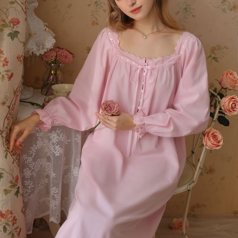 Previn Women's Cotton Victorian Nightgown Cute Pajamas Dress Princess Summer Long Night Dress Vintage Short Sleeve Ruffle Comfy Soft Sleepwear Pink X-