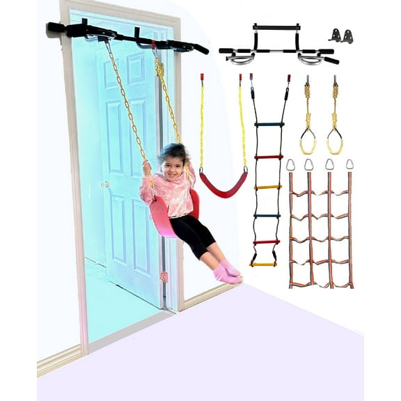 Iron Bar 6 Piece Kids Doorway Gym Deluxe Swing Set with Pull Up Bar Indoor Gym and Playground Set Combo for Children, Includes Accessories, Climbing Cargo Net, 2X Gymnastic Trapeze Rings, Rope Ladder