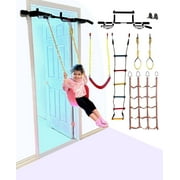 Kids Doorway Gym Swing Set with Pull Up Bar 6 in 1 Indoor Gym and Playground Combo for Children, Includes Swing Seat, Climbing Cargo Net, 2x Gymnastics Trapeze Rings, Rope Ladder and Pull Up Bar
