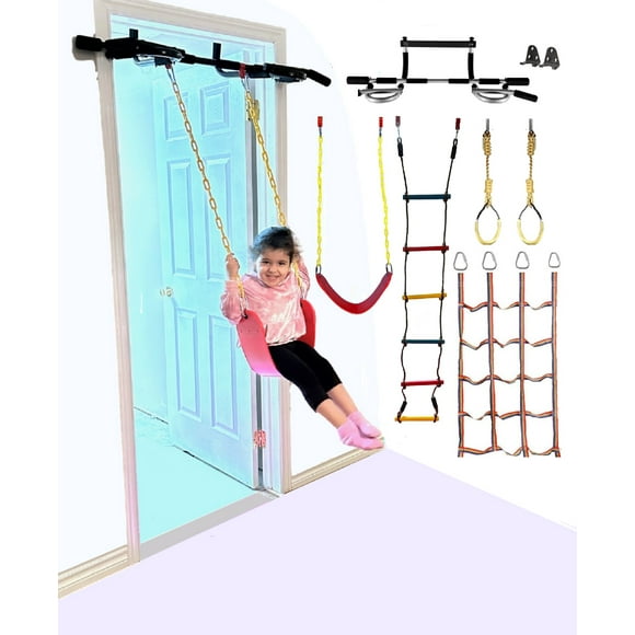 GymPros Kids Indoor Doorway Gym Swing Set 6 in 1 Gym Playground Combo for Children, Includes Pull Up Bar, Swing Seat, Climbing Cargo Net, 2X Gymnastics Trapeze Rings, Rope Ladder Home Children Fitness
