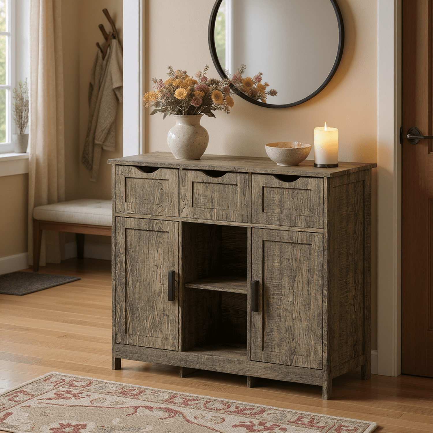 Homy Casa Storage Cabinet with 2 Doors and 3 Drawers, Adjustable Shelves, Sideboard for Kitchen, Entryway