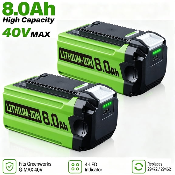 2Pack 40V 8.0Ah for Greenworks G-MAX 40 Volt Lithium Battery 29472 29462 29252 20202