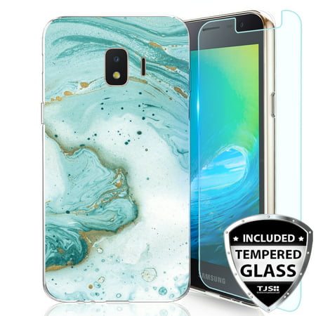 TJS Galaxy J2 2019 / J2 Pure / J2 Core Ultra Thin Slim TPU Matte [Teal Marble] Design Phone Case w/ [Tempered Glass Screen