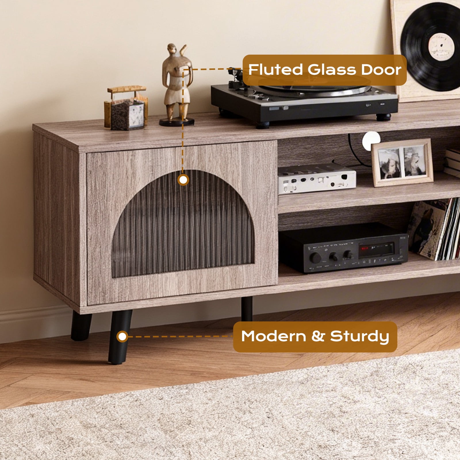 Ktaxon Modern LED TV Stand with 2 Fluted Arched Doors, 63" Entertainment Center Media Gaming Console for 55/60/65" TVs with RGB Lighting, Washed Gray