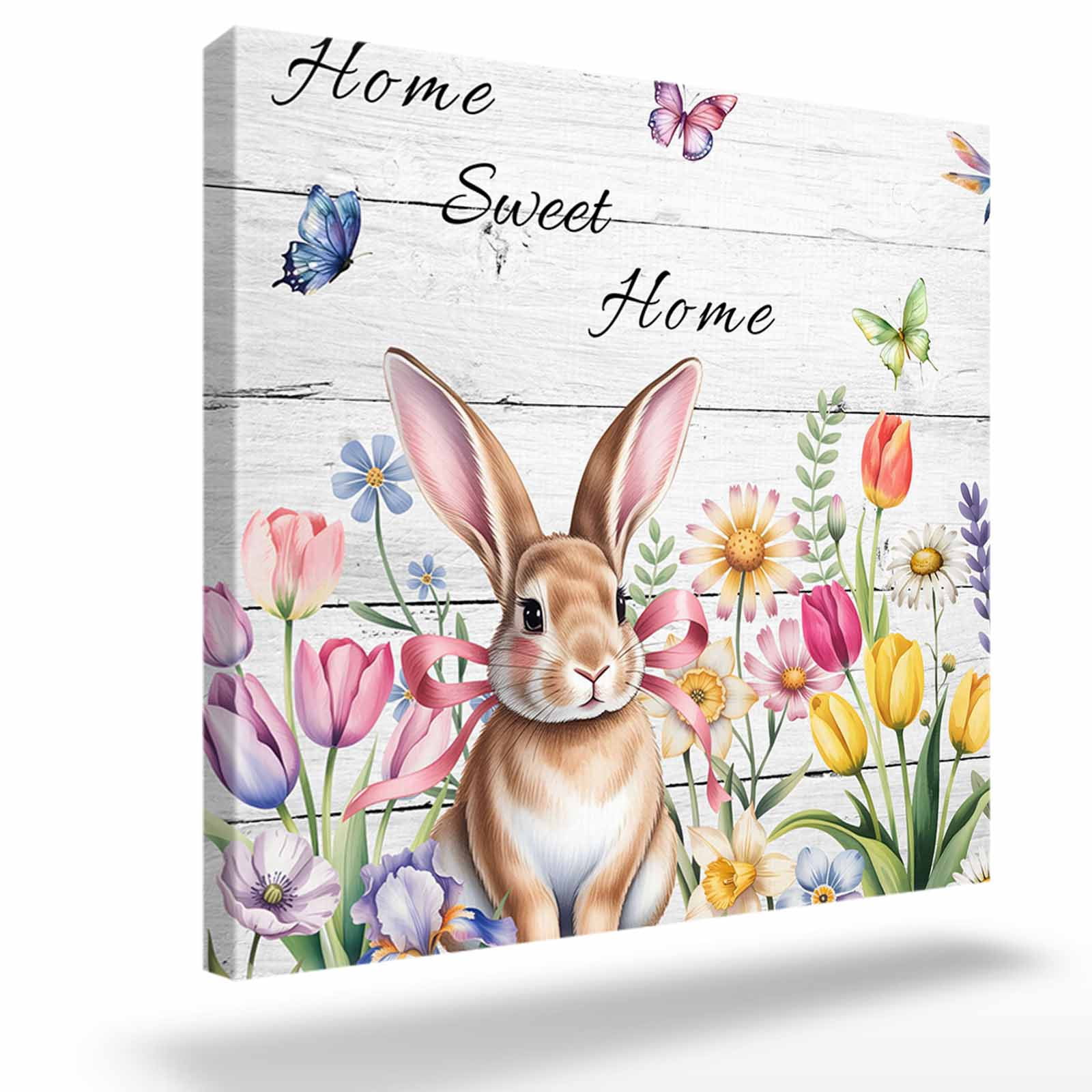 Sweet Home Framed Canvas Wall Art, Easter Bunny Spring Butterflies Flowers Wood Grain Wall Art Painting for Living Room Bedroom Home Decor, 24”x24”, Office Artwork Print