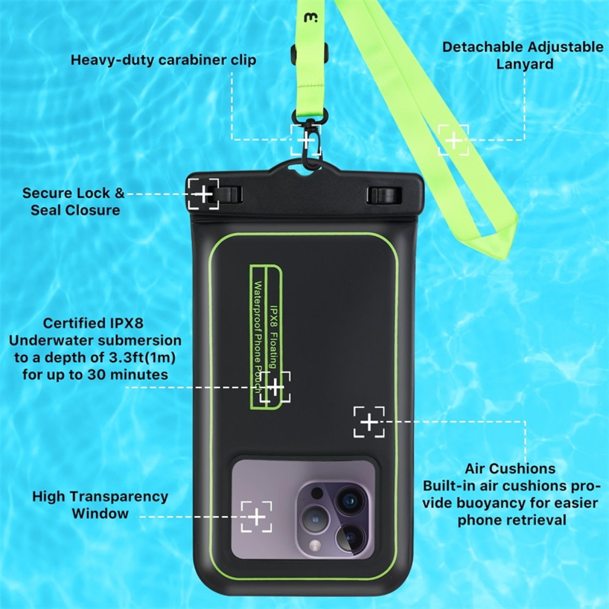 2-Pack Universal Floating Waterproof Phone Pouches – IPX8 Certified, Touchscreen Friendly, Lanyard Included – Fits Most Smartphones (Black)