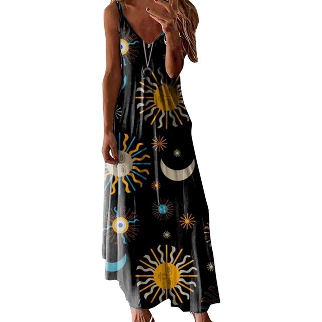 LAICAIW Robe d'Été Teinture sur Nœuds Florale Col en V Aguichant Sans Manches Femme Longue Mode Ample Maxi Robes Plage Fête Robe d'Été