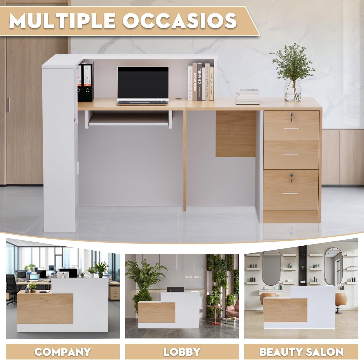 Esheno Modern Wooden L Shaped Reception Desk 71 inch Commercial Counter with Lockable Drawers and Cabinet Plain Wood Color Left Side Storage for Office Lobby School