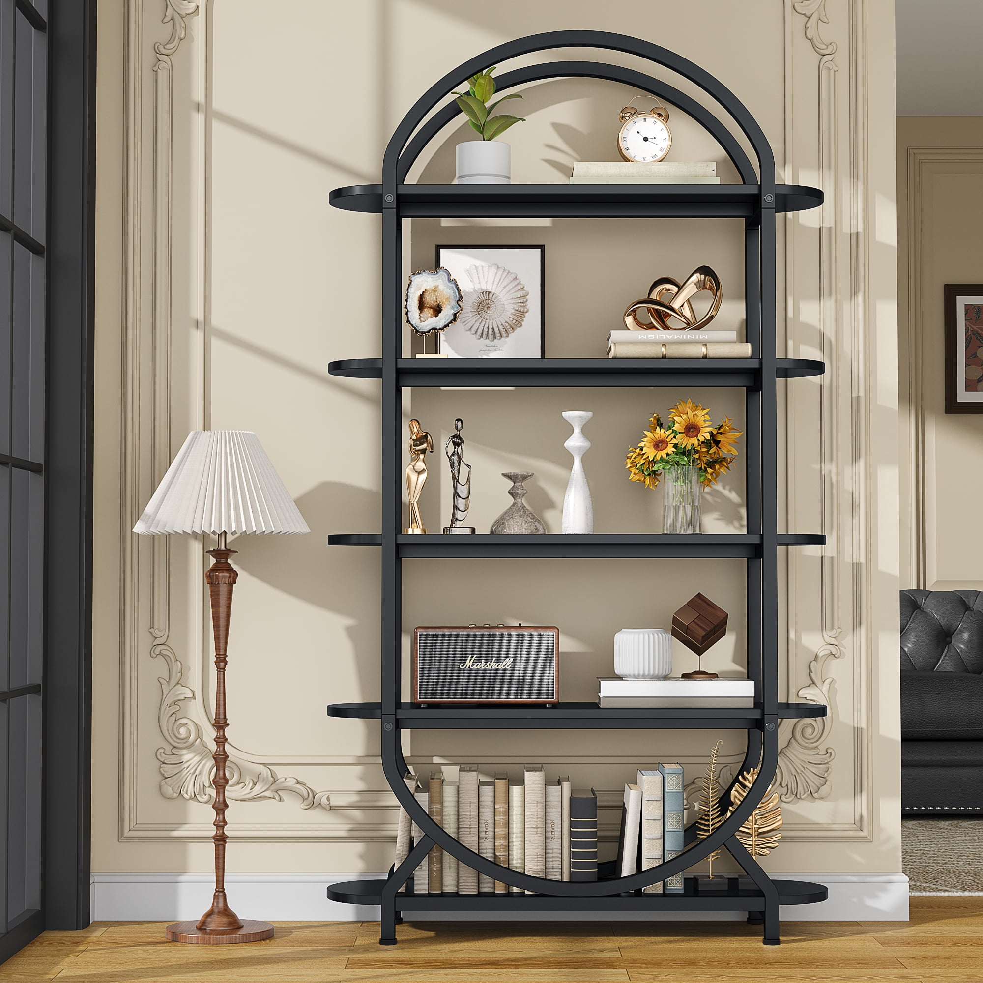 Modfurne Tall Bookshelf Arched Bookcase, Modern 5-Tier Book Shelves with Storage Organizer Living Room, Library, Home Office, Black