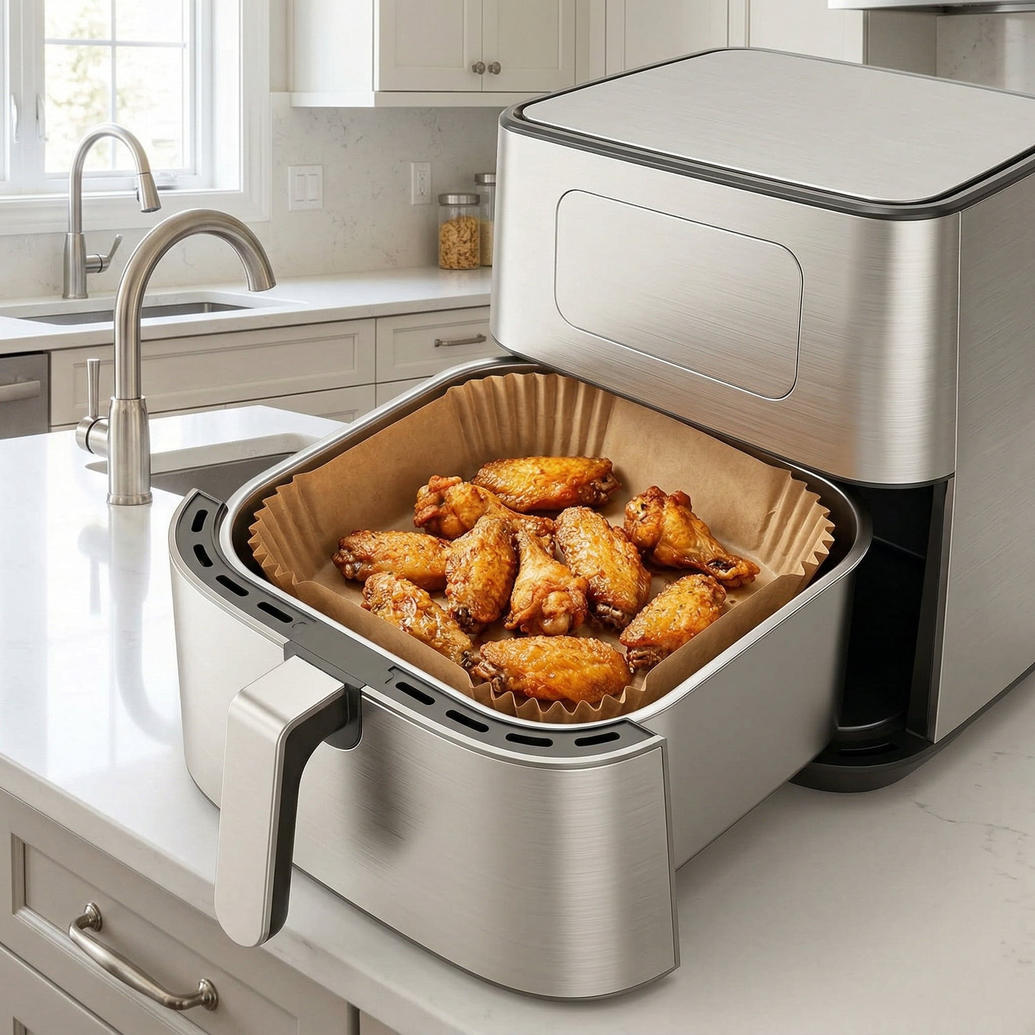 9 Inch Air Fryer Liners Disposable-300PCS Square Parchment Paper Liners,Heat Resistant & Non-Stick,Unbleached Liners for Air Fryer,Oven,Roasting,Baking,Microwave（Bottom is 8 Inch）