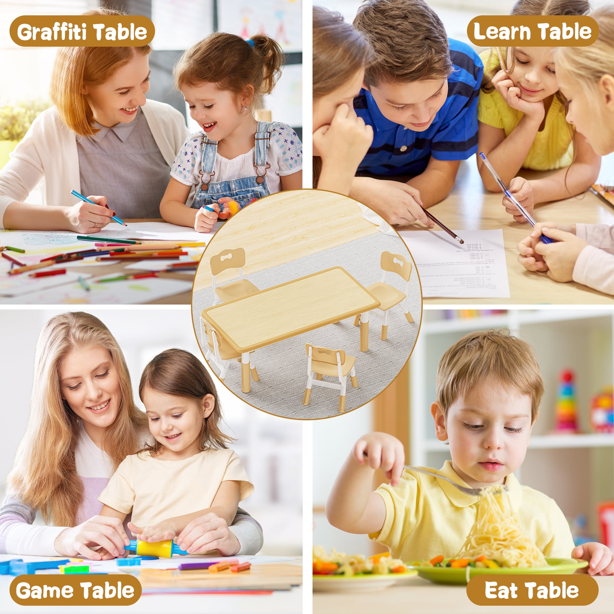 MAVINEX Kids Table and 4 Chairs Set Beige, Height Adjustable Desk, Suit for Ages 2-10, Easy to Clean Arts & Crafts Table