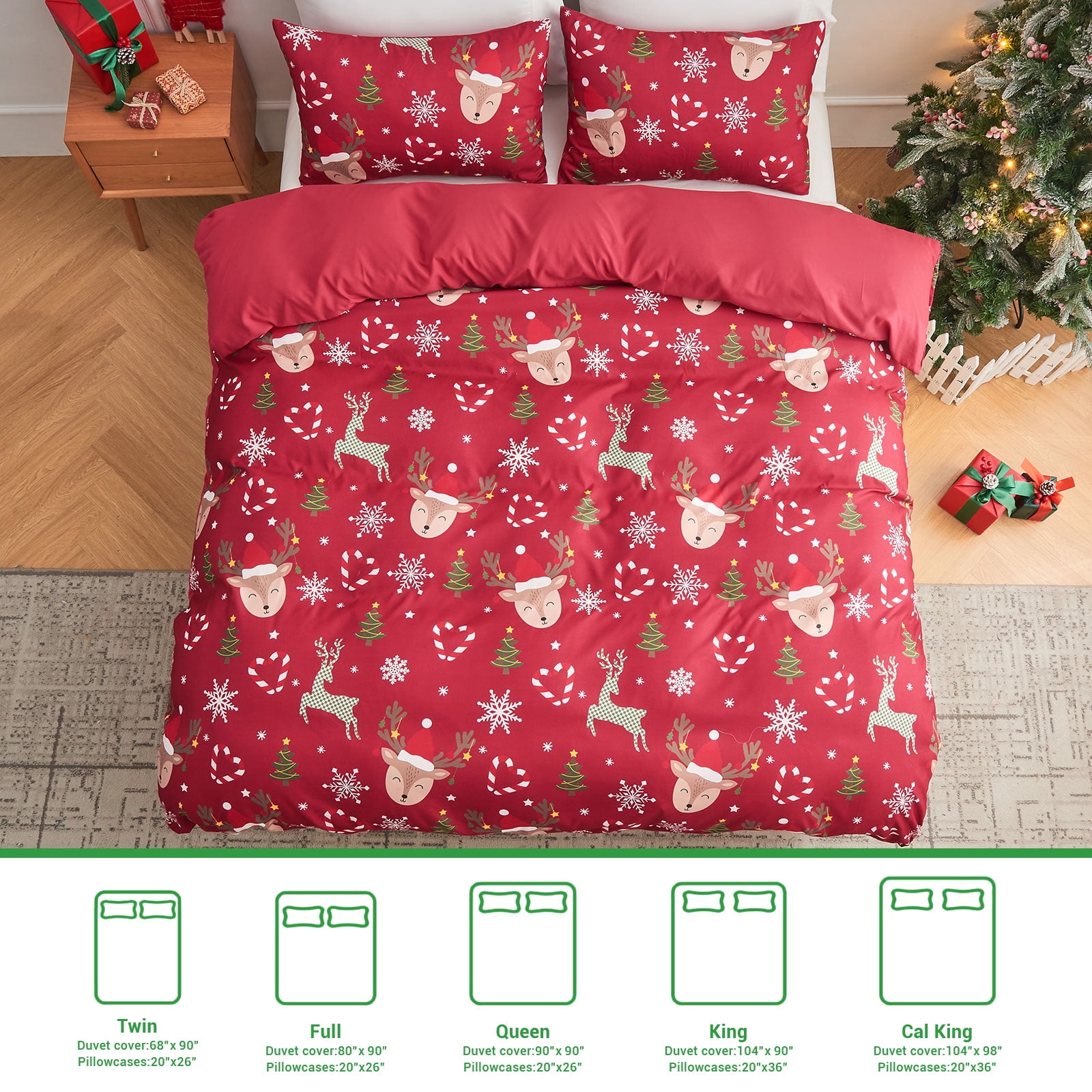 Gogreen Queen Duvet Cover Floral, Soft & Breathable Microfiber 3 Pieces Queen Bedding Sets, Pattern Queen Comfy Duvet Cover, with Zipper Closure (Christmas Elk, Queen)