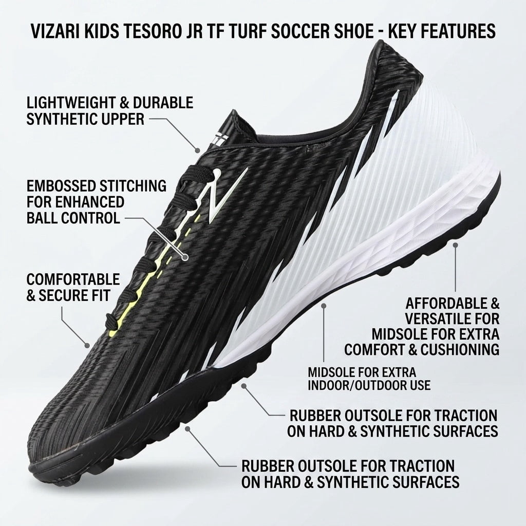 Vizari Tesoro Turf Soccer Shoes for Boys and Girls| Turf Shoes with Durable Synthetic Upper | Youth Football Turf Shoes with Molded Rubber Oursole | Superior Traction on Turf Ground, (Black, 10.5)