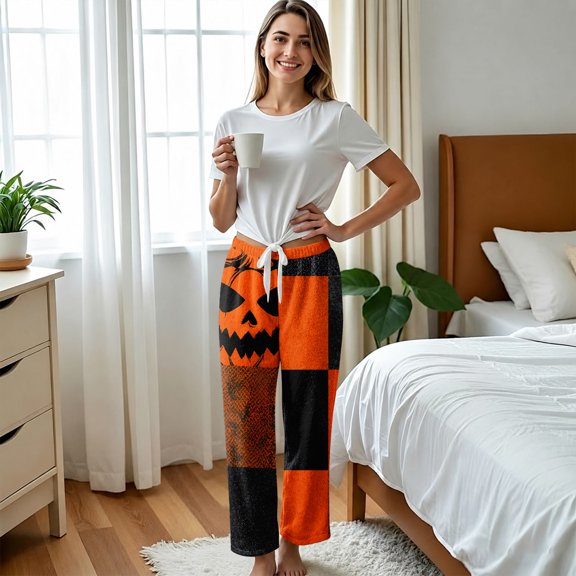 Halloween Pajama Pants for Women Flannel Pjs Pants Fuzzy Plush Pajama Bottoms Sleepwear Halloween Gifts