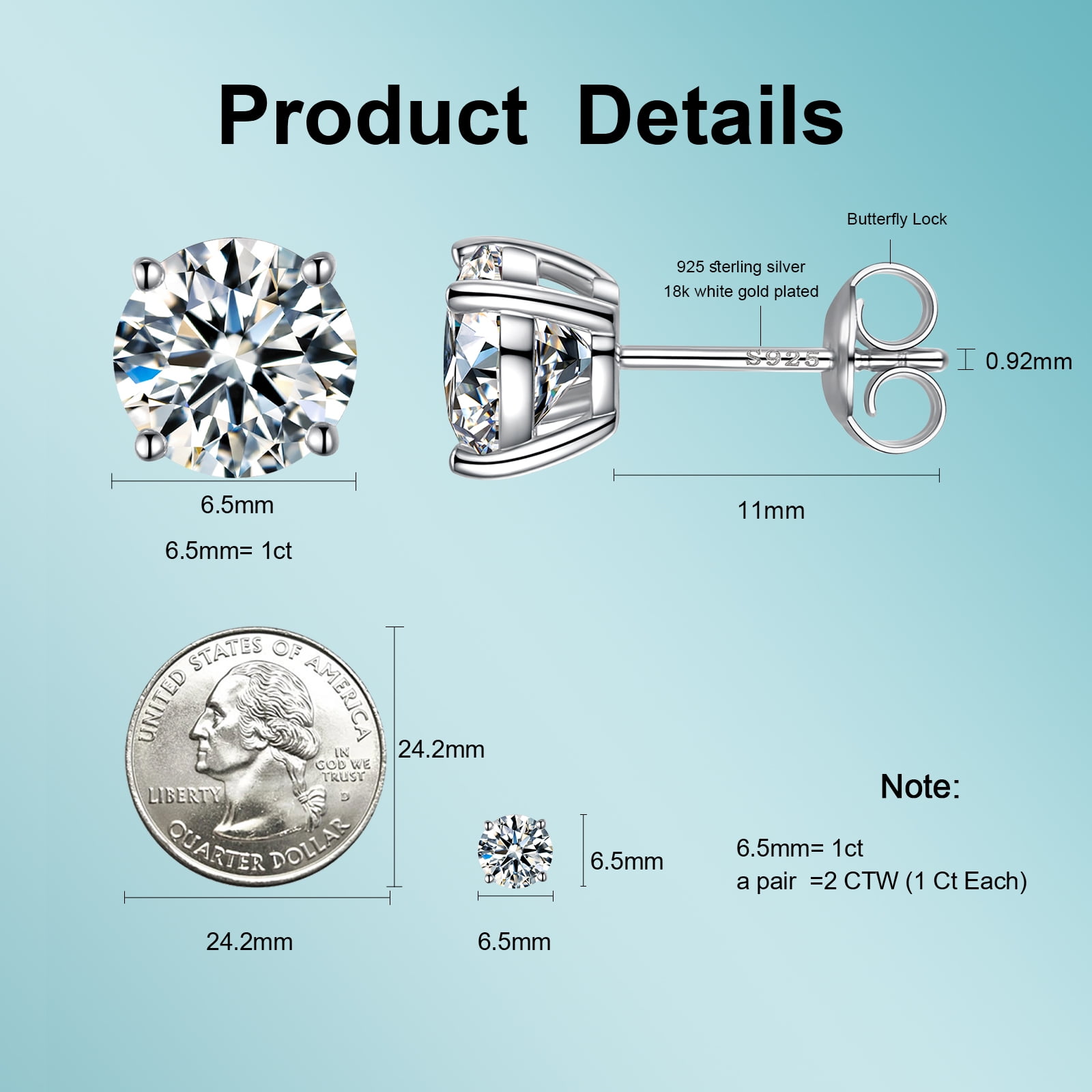 Moissanite Stud Earrings for Women, Round Cut D Color VVS1 Clarity Lab Created Men Moissanite Earrings Studs S925 Sterling Silver Jewelry (Silver, 2 CTW (1 Ct Each))