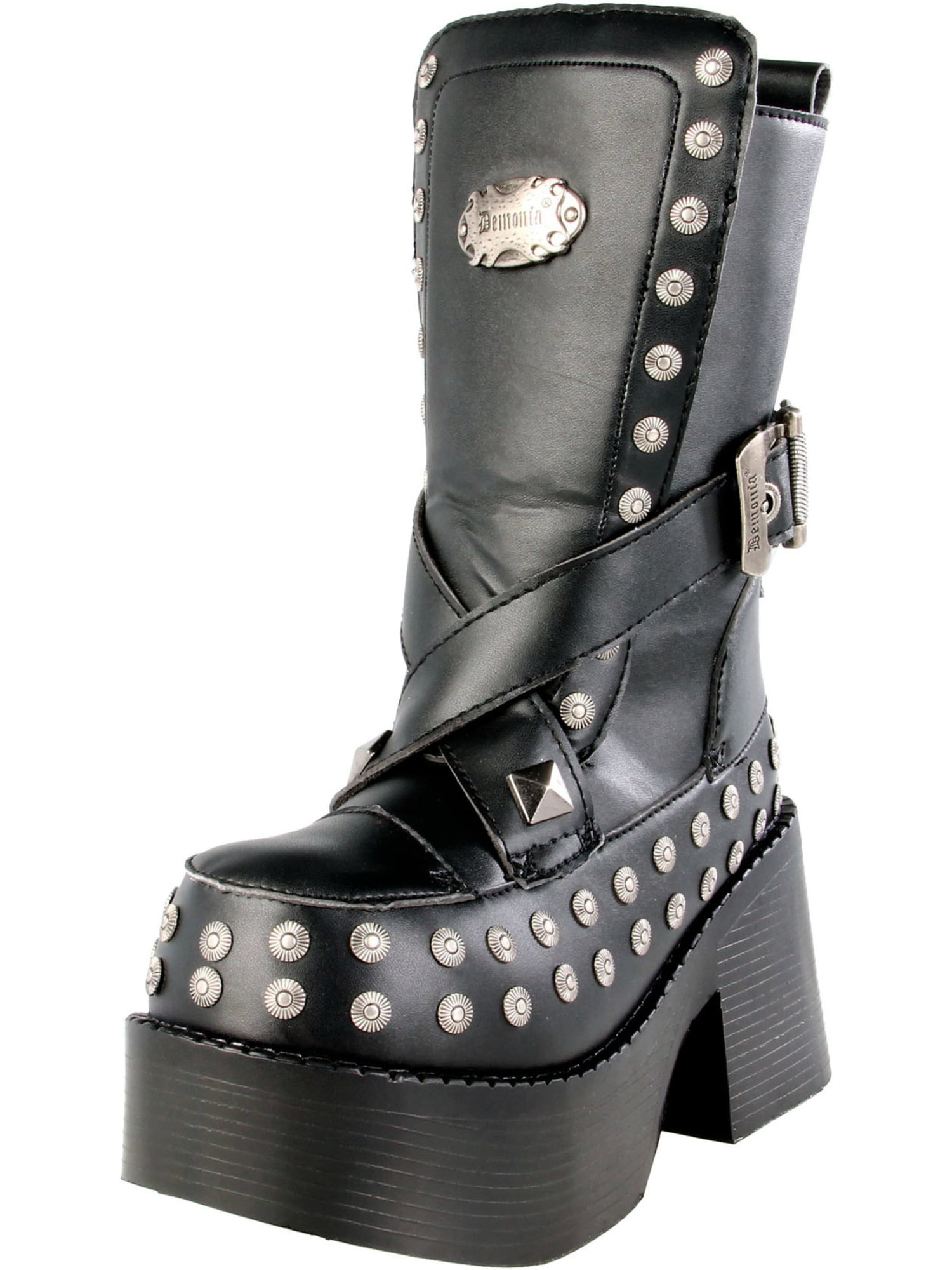 Demonia - 3 1/2 Inch Platform Gothic Boots Womens Calf Boots Chunky Heel Straps Studs Size: 6 