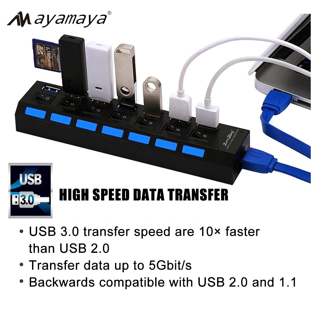 AYAMAYA 7-Port USB 3.0 High Speed Extension Charger Adapter with On/Off Switch & LED Light for PC/Laptop/PS4/Slim/Pro Hub