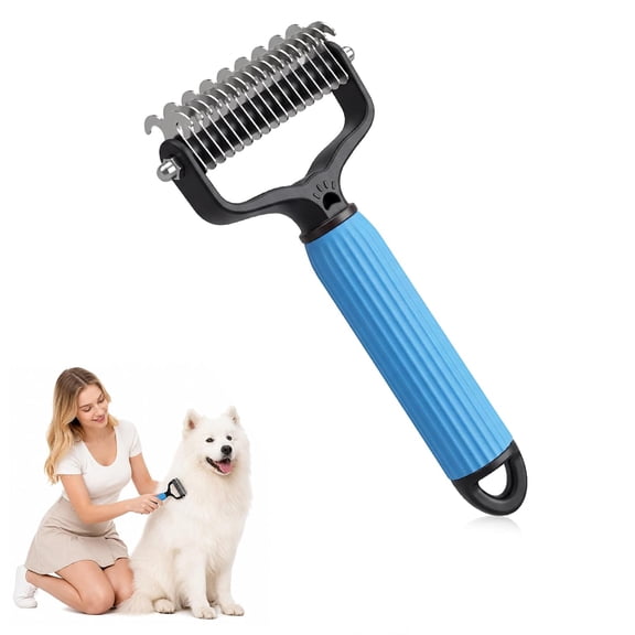Double Sided Dematting Comb for Cats & Dogs, Undercoat Rake, Pet Grooming Brush for Long Hair, Deshedding Dog Brush Removes Tangles Knots and Loose Fur, Grooming Tool for Thick Coats,Blue-17 Tooth