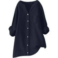 thumbnail image 4 of Yubnlvae Long-Sleeve Collared Linen Shirt - Women's Button-Up Top for Office, Travel, Or Smart Casual, Women's Plain V-Neck T-Shirt Basic Staple Tee Soft Cotton Summer Casual Top, Navy, 3Xl, 4 of 7
