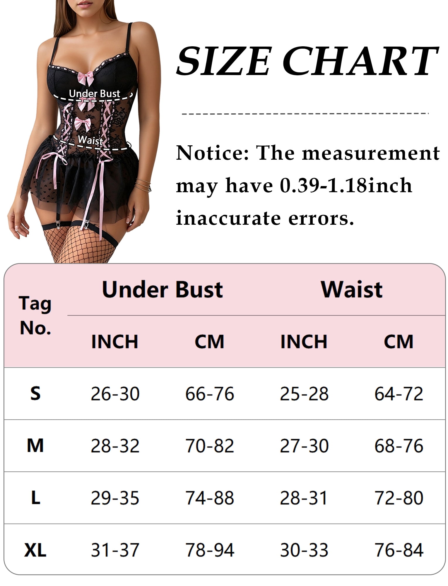Ausing Lace Lingerie for Women Sets Sexy Bodysuit with Garter Belt Mesh Corset Babydoll Underwear with Stockings Thong 3 Piece M Black
