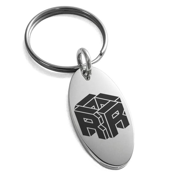 Stainless Steel Letter R Initial 3D Cube Box Monogram Engraved Small Oval Charm Keychain Keyring