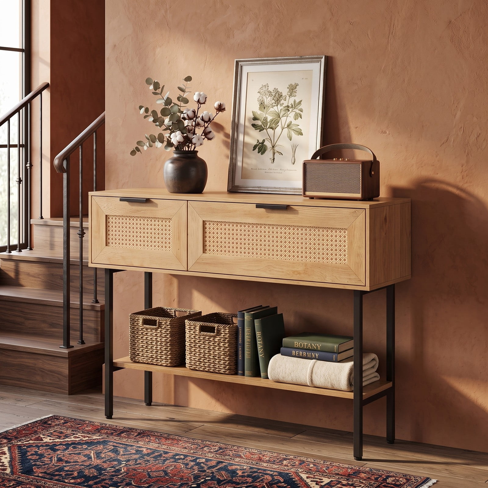Furnibear Rattan Console Table with 2 Storage Drawers and Open Shelf and Carbon Steel Frame for Entryway and Hallway, Natural
