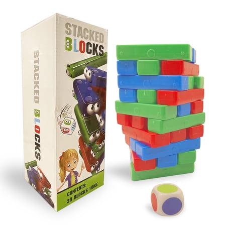 Stacking Game Classic Block Stacking, 30 Building Blocks, 3 Colors, Family Party Game, Ages 3 