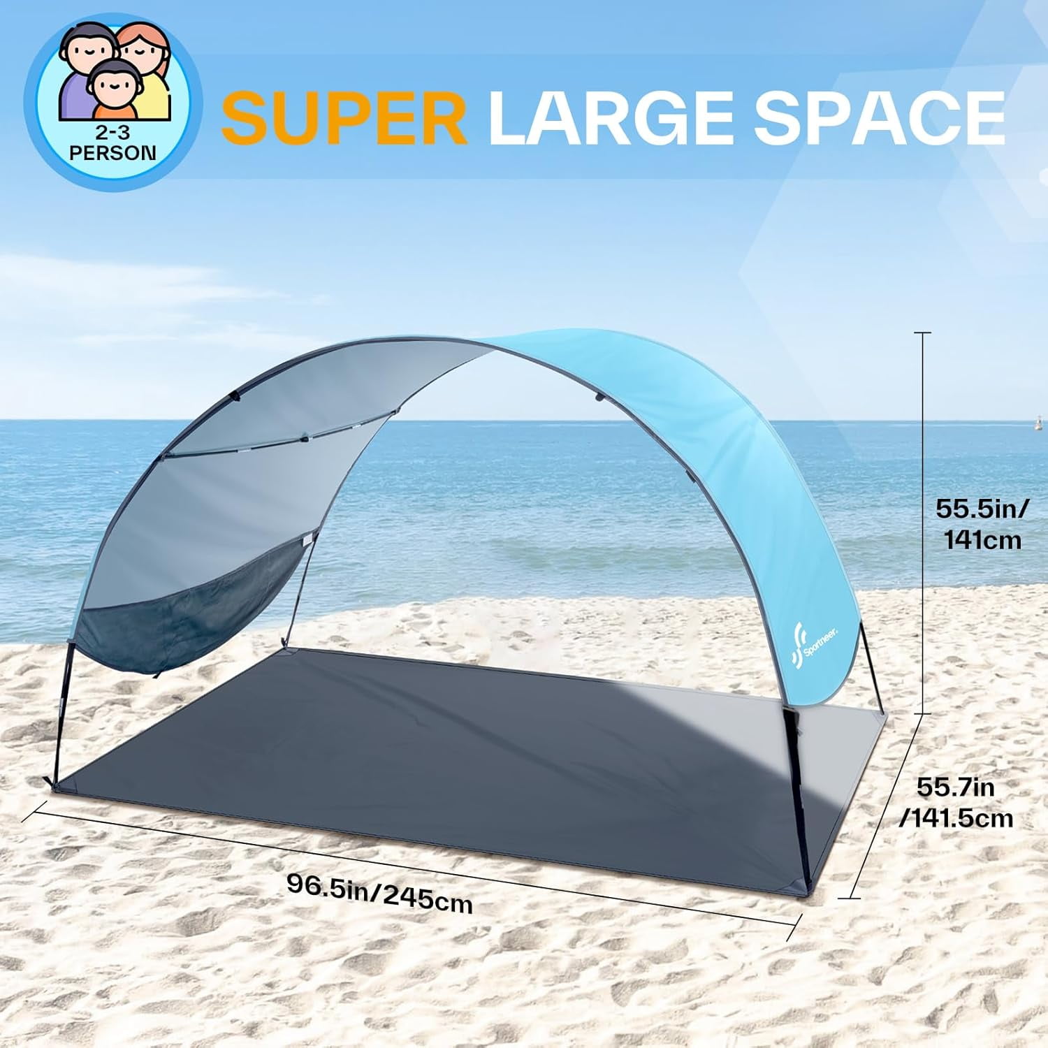 Unbranded Beach Tent Sun Shelter: UPF 50+ UV Protection Beach Canopy Tent Sun Shade for 2-3 Person, Easy Set Up Beach Tent Canopy with 8 Wind Ropes and 12 Ground Stakes for Beach, Size 96.5''x55.7''