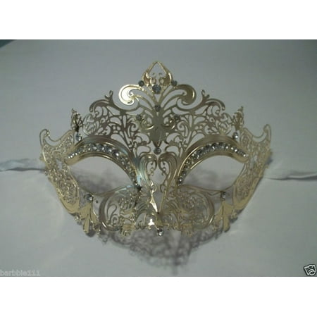 Gold Laser Cut Crystal Venetian Mask Masquerade Ball Metal Filigree Wedding