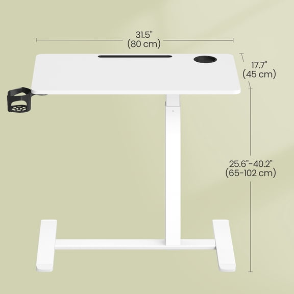 LEDREM Overbed Table with Wheels, Mobile Adjustable Standing Desk with 31.5 x 17.7 Inches Tabletop, Cup Holders and Device Slot, Cloud White